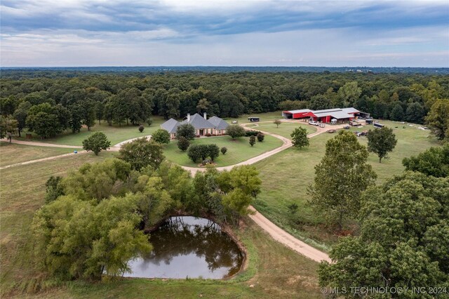 bird's eye view featuring a water view and a wooded view