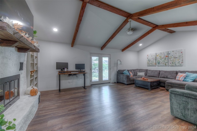 living room with a fireplace, french doors, dark wood-type flooring, lofted ceiling with beams, and ceiling fan