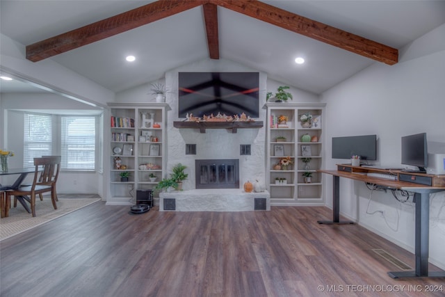 living room featuring a large fireplace, wood-type flooring, and vaulted ceiling with beams