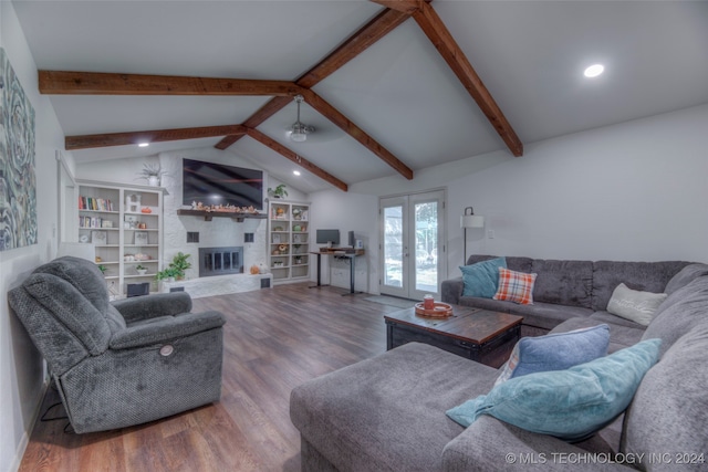 living room featuring wood-type flooring, lofted ceiling with beams, and ceiling fan