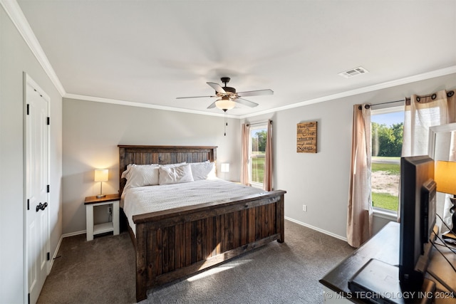 carpeted bedroom featuring multiple windows, ornamental molding, ceiling fan, and a closet