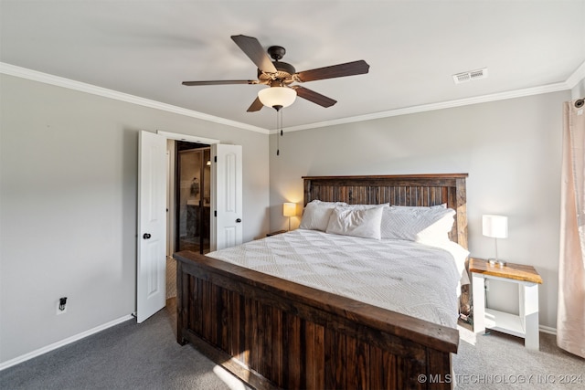 carpeted bedroom with ceiling fan and crown molding