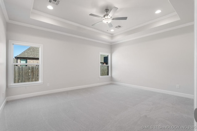 spare room featuring ornamental molding, a tray ceiling, and carpet