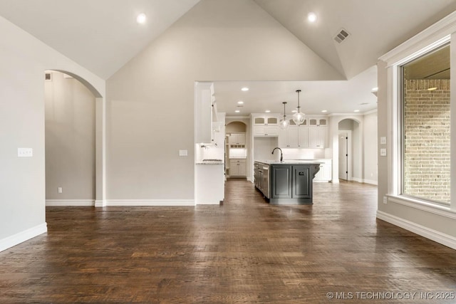 unfurnished living room with dark hardwood / wood-style flooring, high vaulted ceiling, and sink