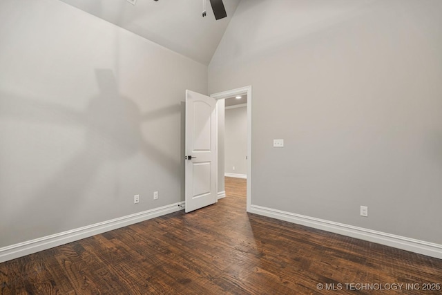 14504 E 80th St, Owasso, OK 74055 - empty room featuring high vaulted ceiling, a ceiling fan, baseboards, and dark wood-style floors