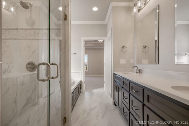 bathroom featuring crown molding, a stall shower, marble finish floor, and a sink