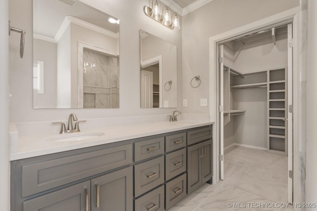 bathroom with a spacious closet, ornamental molding, and a sink