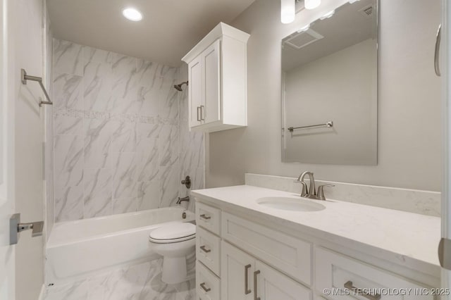 bathroom with toilet, visible vents, vanity, marble finish floor, and shower / washtub combination