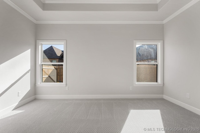 carpeted empty room featuring ornamental molding, a raised ceiling, and baseboards