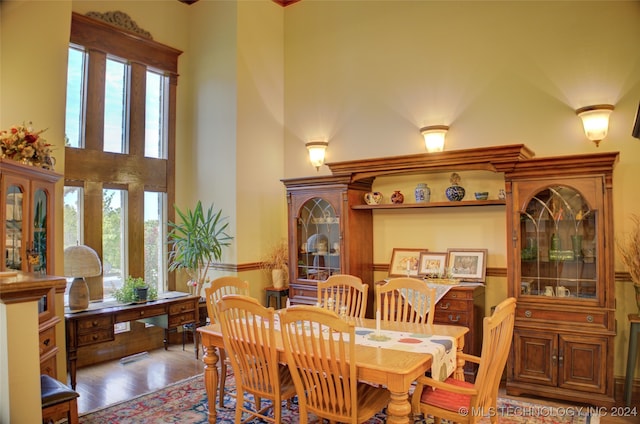 dining space with plenty of natural light and wood-type flooring