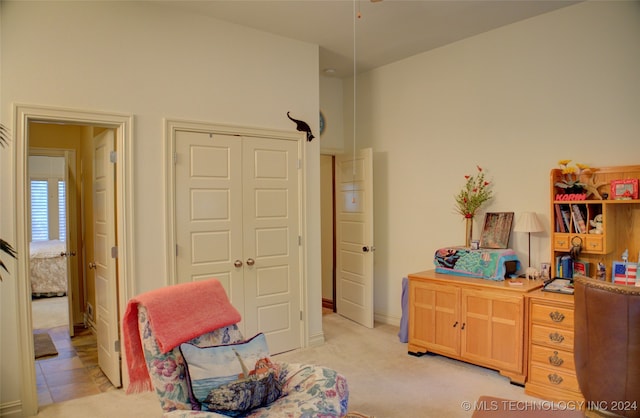 living area with light carpet