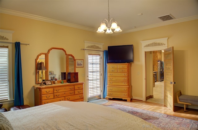 bedroom with ornamental molding, stainless steel fridge, an inviting chandelier, and light tile patterned floors