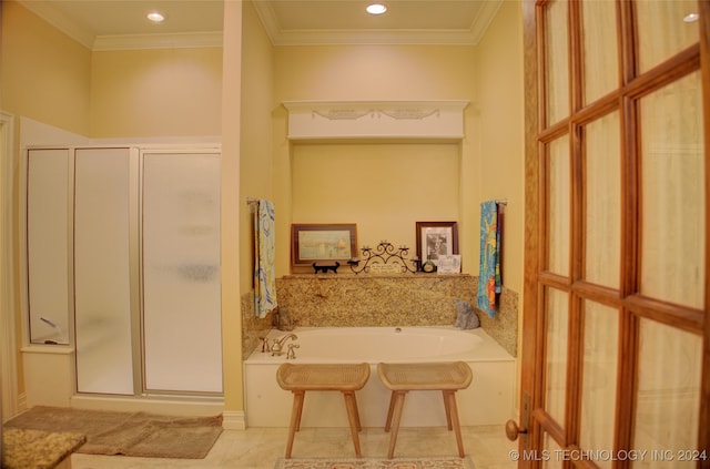 bathroom with crown molding, tile patterned flooring, and shower with separate bathtub