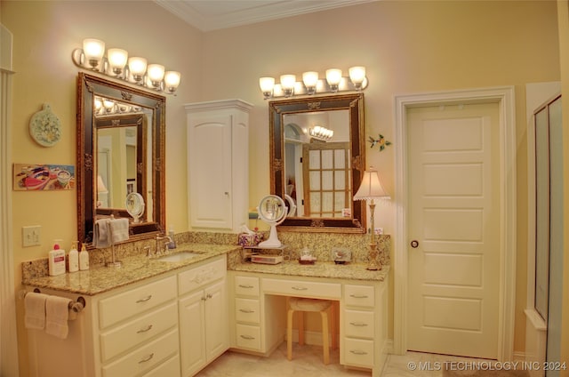 bathroom featuring crown molding, vanity, an enclosed shower, and tile patterned floors