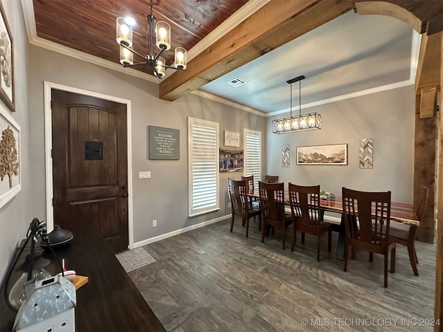 dining room with a chandelier, wood ceiling, dark hardwood / wood-style flooring, and ornamental molding