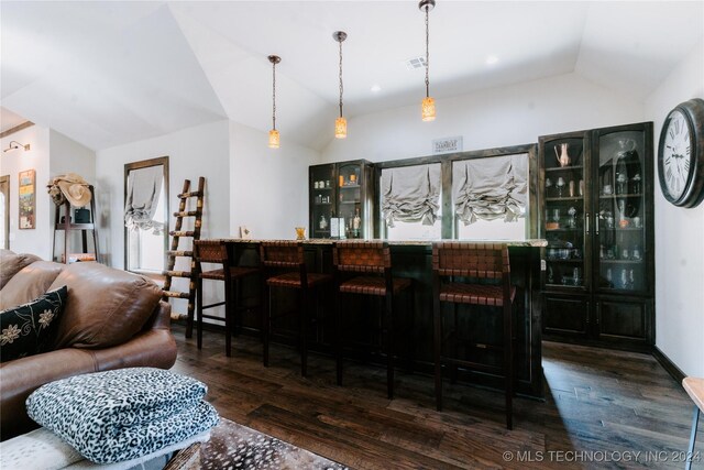 4100 N 430th Rd, Locust Grove, OK 74352 - indoor dry bar featuring lofted ceiling, dark wood-style floors, and hanging light fixtures