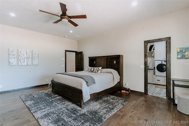 bedroom featuring wood-type flooring, washer / clothes dryer, and ceiling fan