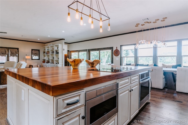 kitchen with stainless steel appliances, white cabinetry, dark hardwood / wood-style floors, and wooden counters