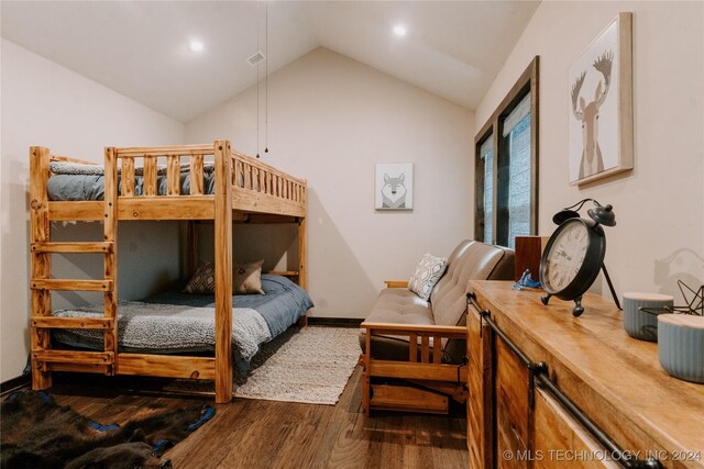 4100 N 430th Rd, Locust Grove, OK 74352 - bedroom featuring dark wood finished floors, vaulted ceiling, recessed lighting, and baseboards