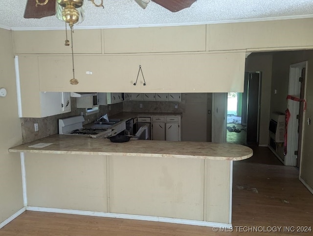 kitchen featuring crown molding, a textured ceiling, dark hardwood / wood-style flooring, ceiling fan, and white range with gas stovetop