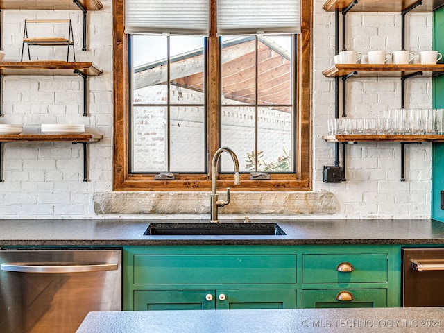 kitchen featuring green cabinets, stainless steel dishwasher, and sink