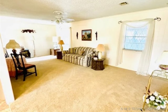 carpeted living room with ceiling fan and a textured ceiling