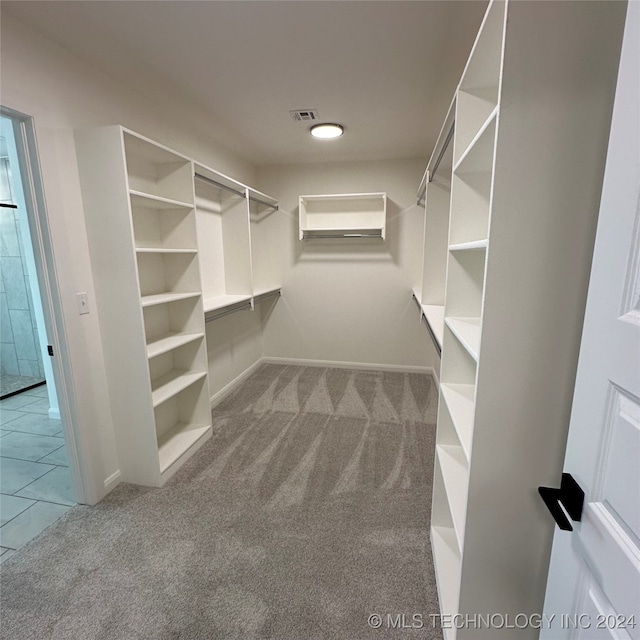 walk in closet with light carpet