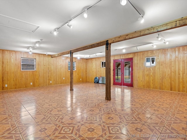 basement with wood walls