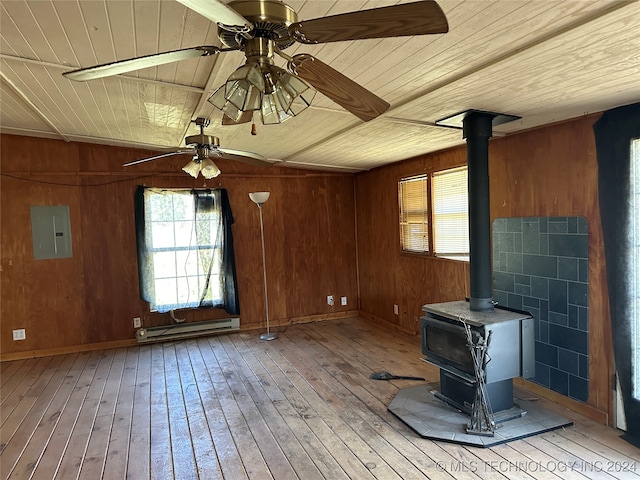 unfurnished living room with light wood-type flooring, wooden walls, electric panel, a wood stove, and ceiling fan