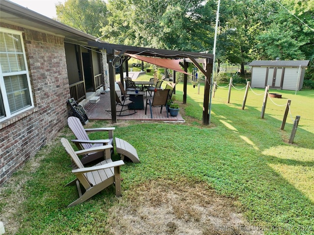 view of yard featuring an outdoor structure, a storage shed, and a patio