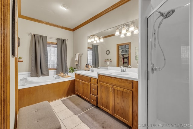 bathroom featuring plus walk in shower, tile patterned floors, ornamental molding, and vanity