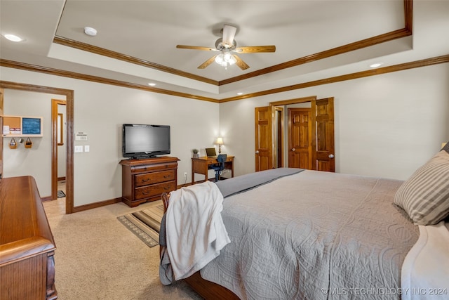 bedroom featuring light colored carpet, ceiling fan, and ornamental molding