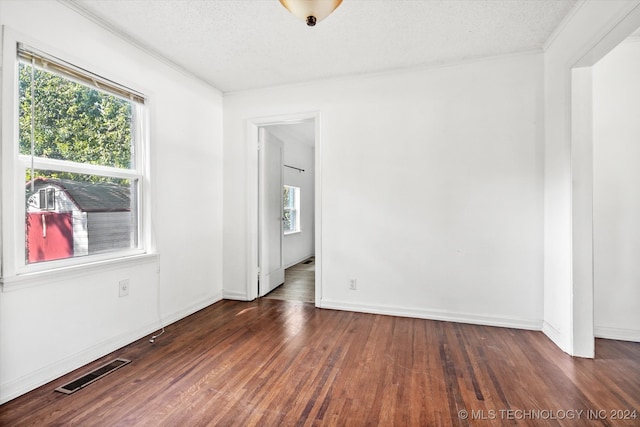 spare room with a textured ceiling, a wealth of natural light, and dark hardwood / wood-style floors