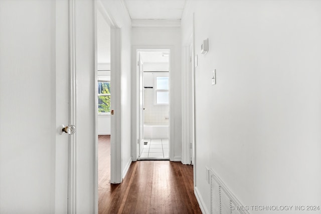 hallway featuring ornamental molding and dark hardwood / wood-style flooring