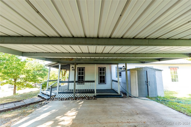 exterior space with a porch and a shed