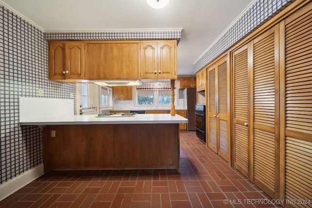 kitchen with stainless steel gas stovetop, crown molding, kitchen peninsula, and black stove