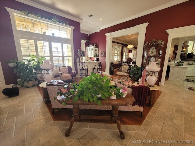 living room with crown molding