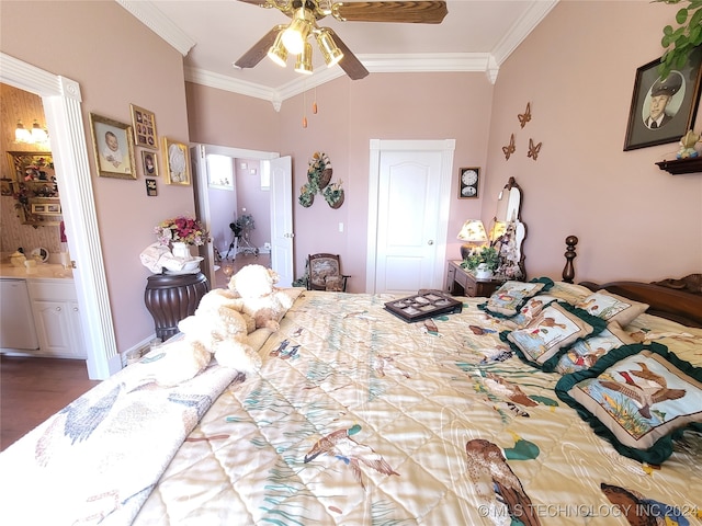 bedroom featuring ensuite bathroom, vaulted ceiling, hardwood / wood-style floors, ceiling fan, and ornamental molding