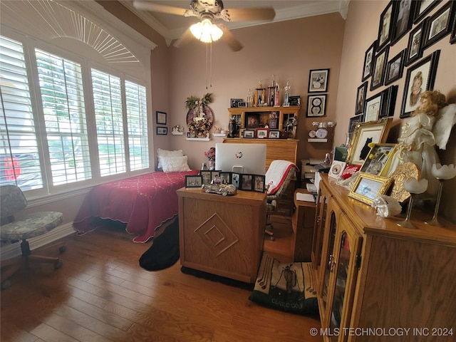 office space featuring ceiling fan, ornamental molding, and hardwood / wood-style floors