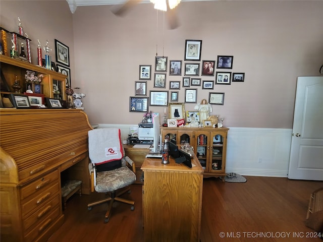 office space with ceiling fan and dark hardwood / wood-style flooring