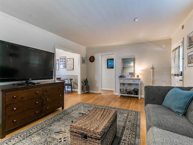 living room featuring light hardwood / wood-style floors and ornamental molding