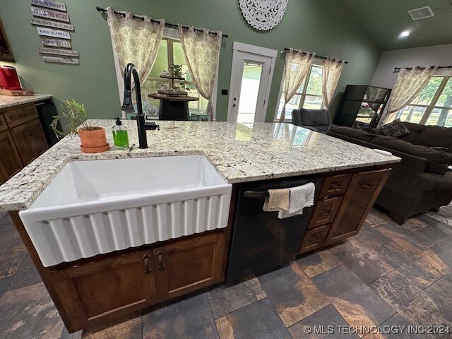 kitchen with lofted ceiling, light stone countertops, an island with sink, and sink