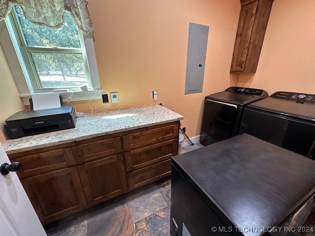 clothes washing area featuring electric panel and washing machine and clothes dryer