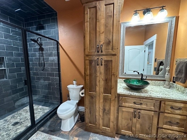 bathroom with vanity, toilet, and a shower with shower door