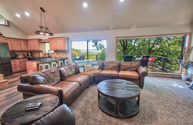 living room with carpet floors, sink, and vaulted ceiling