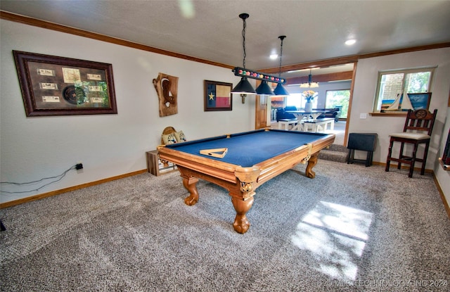 game room with carpet flooring, a textured ceiling, ornamental molding, and pool table