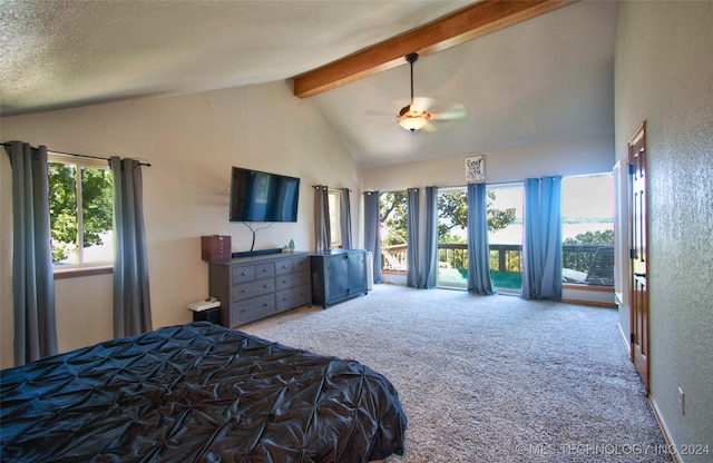 bedroom with ceiling fan, access to exterior, light carpet, and multiple windows