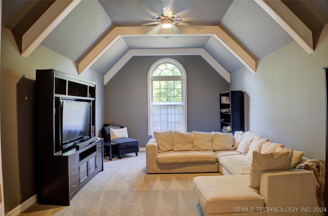 living room with lofted ceiling and ceiling fan