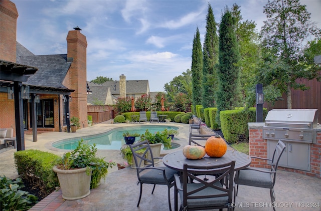 view of pool featuring area for grilling, an outdoor kitchen, and a patio area