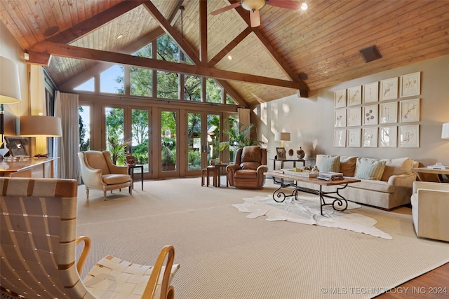 living room featuring beamed ceiling, wood-type flooring, wood ceiling, high vaulted ceiling, and ceiling fan